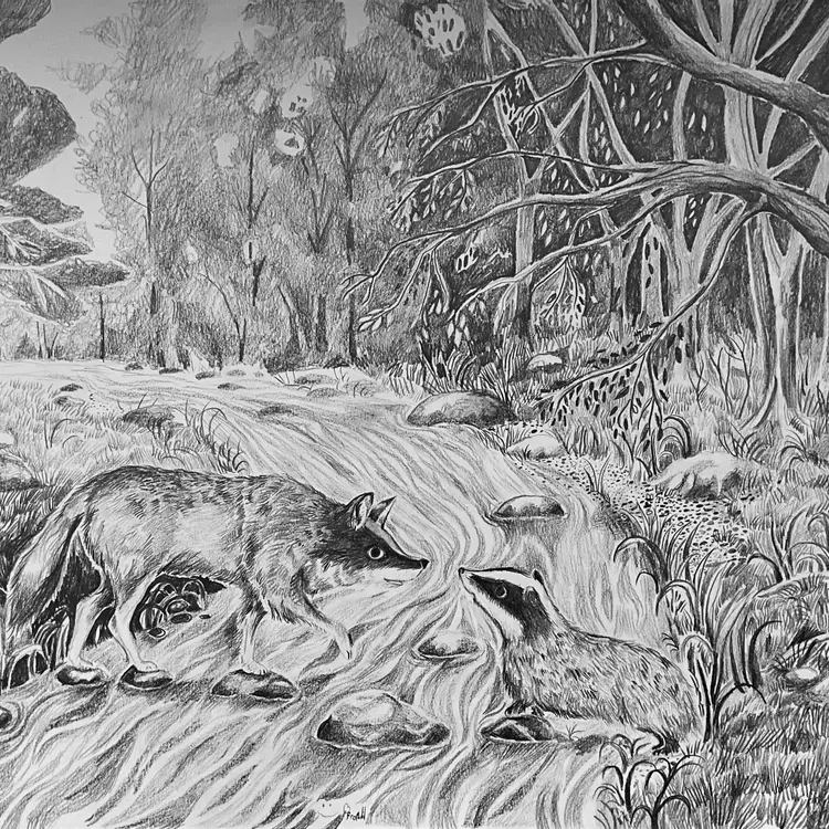 Black and white book illustration of a wolf and a badger meeting across a river 